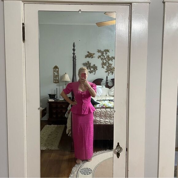 Vtg 80s Bridal Originals bright fuchsia pink 2 pc taffeta dressy outfit - Picture 2 of 13